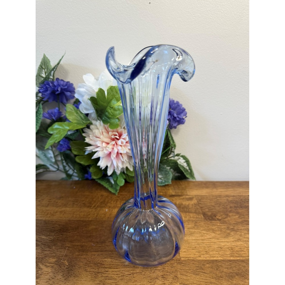 Vintage Hand-Blown Blue Art Glass Vase Ruffled Rim Fluted Neck MCM Retro‎ Decor
